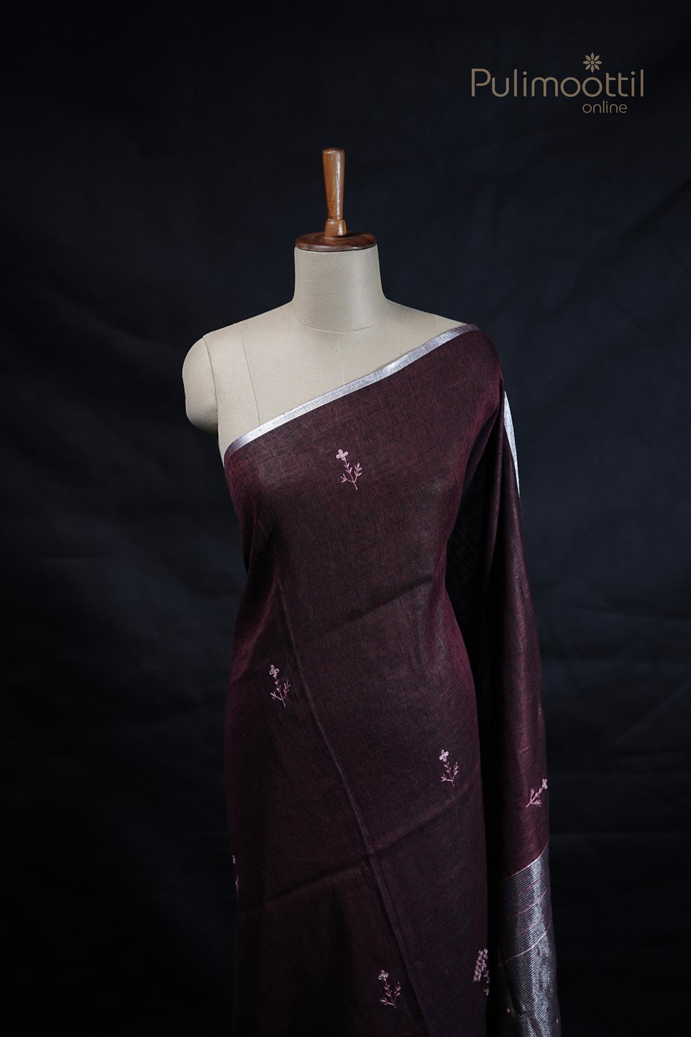 Dark Maroon Colour Linen Embroidery Saree