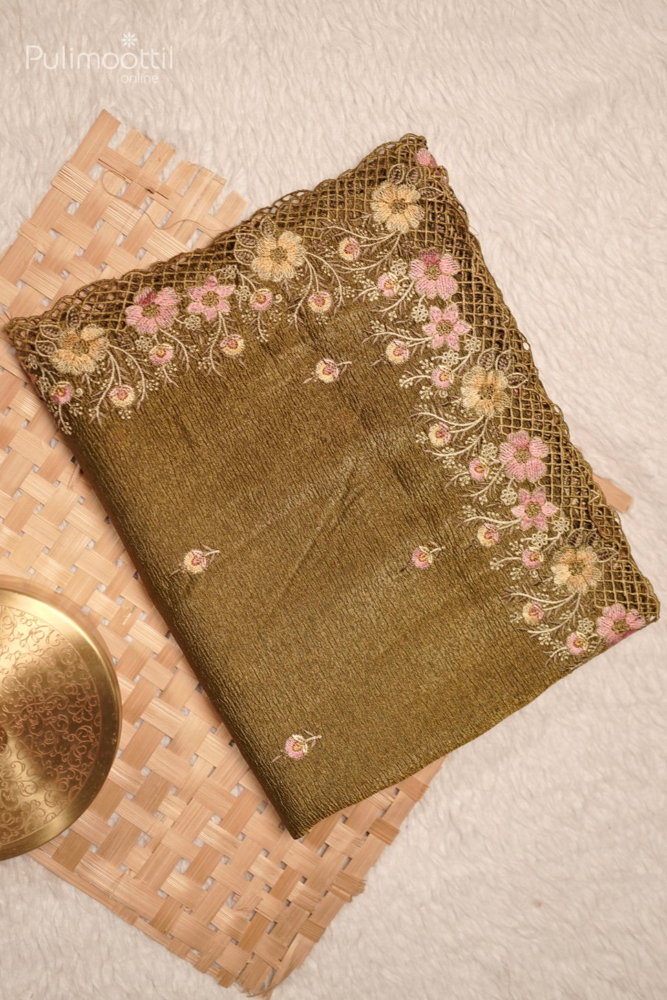 Olive Green Colour shimmer Crushed Organza Fancy Saree