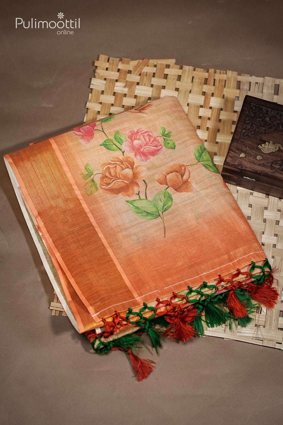Orange Shaded Golden Tissue Floral Print Onam Fancy Saree.