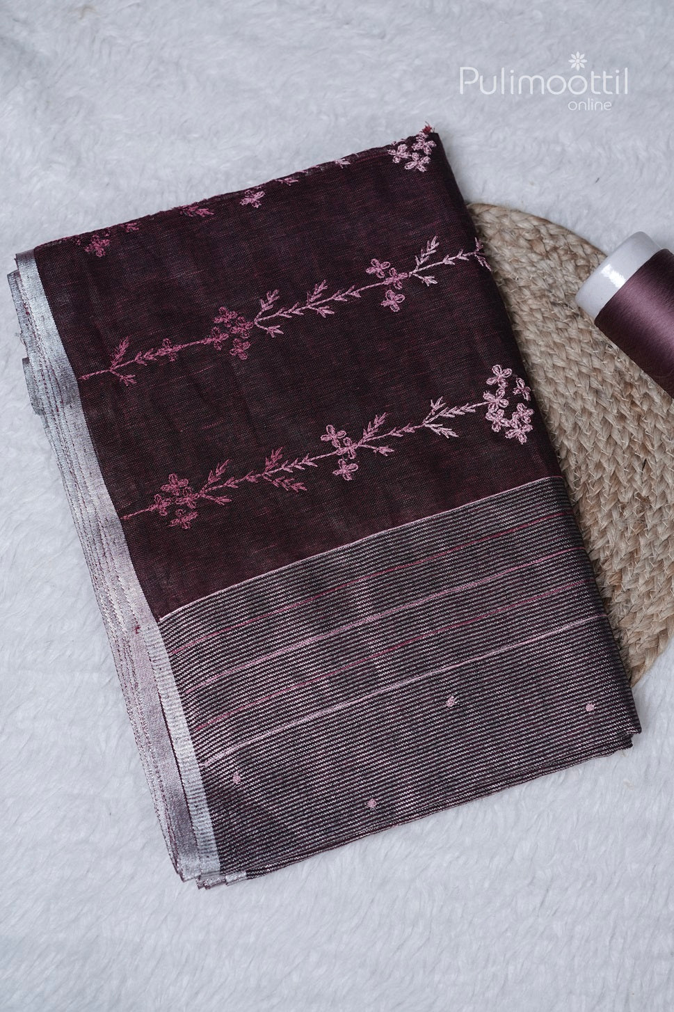 Dark Maroon Colour Linen Embroidery Saree