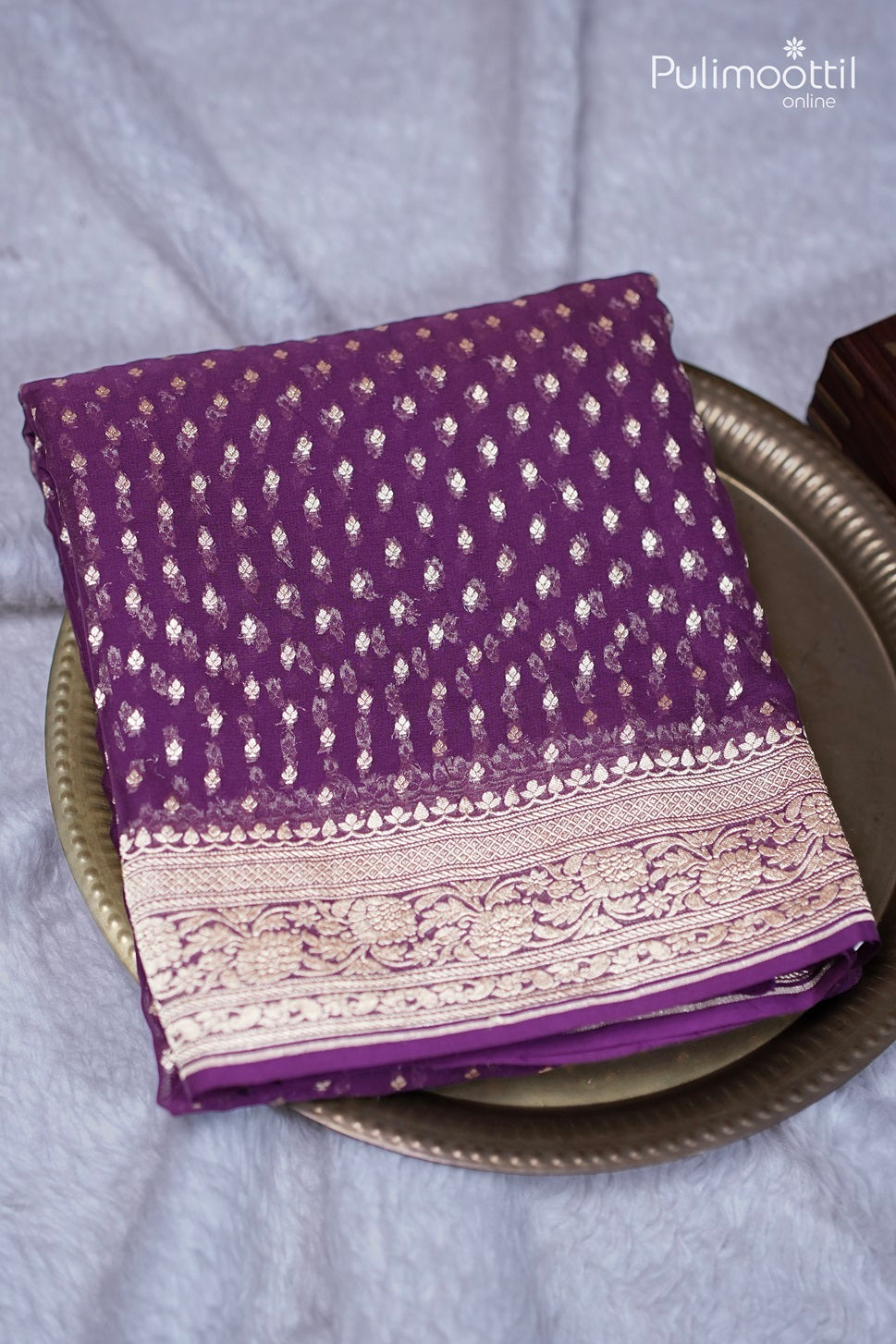 Grape Wine Shade Colour Georgette Banarasi Silk Saree.