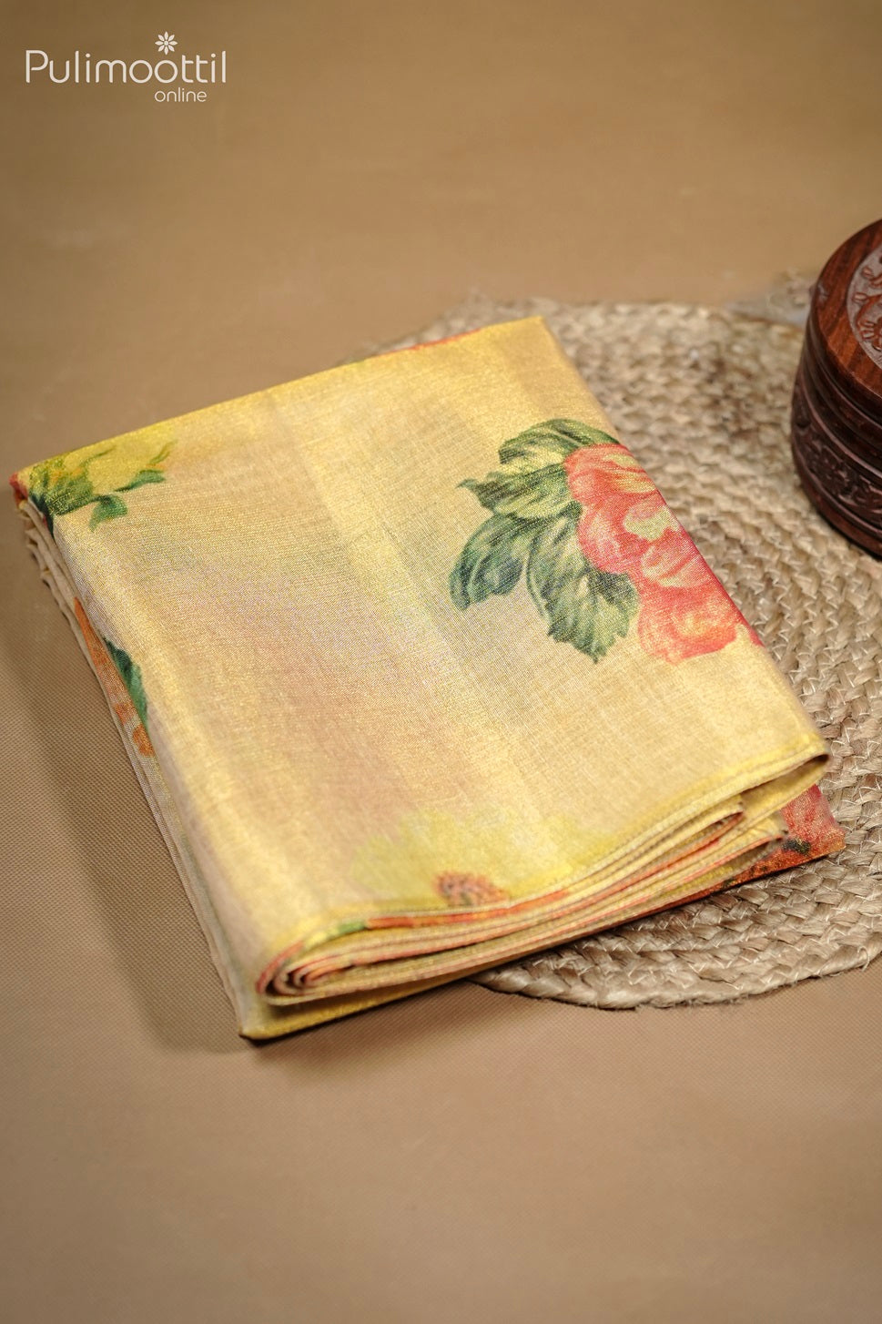 Kerala Digital Floral Print Golden Tissue Onam Saree.