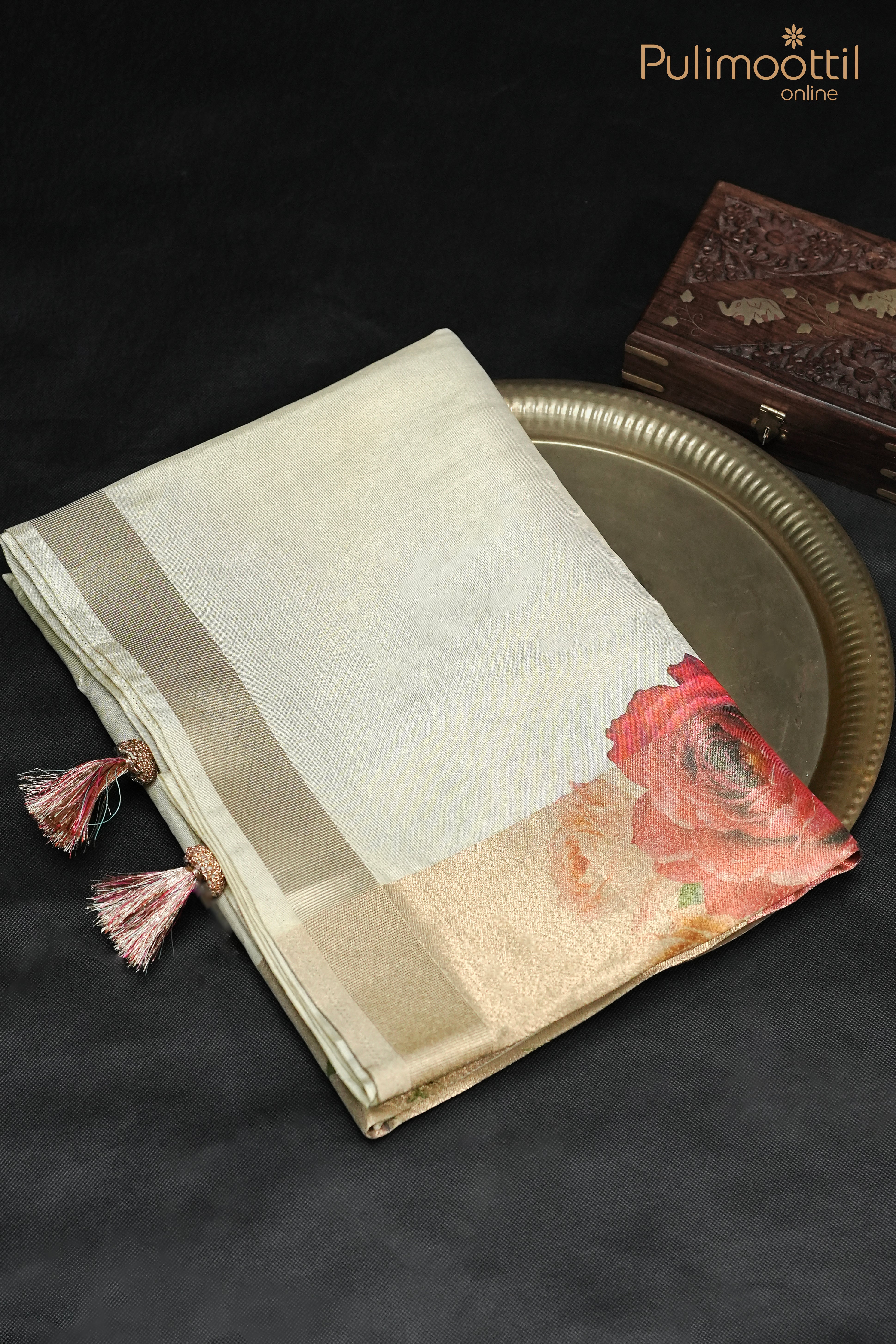Cream Colour Kerala Golden Tissue Fancy Saree.