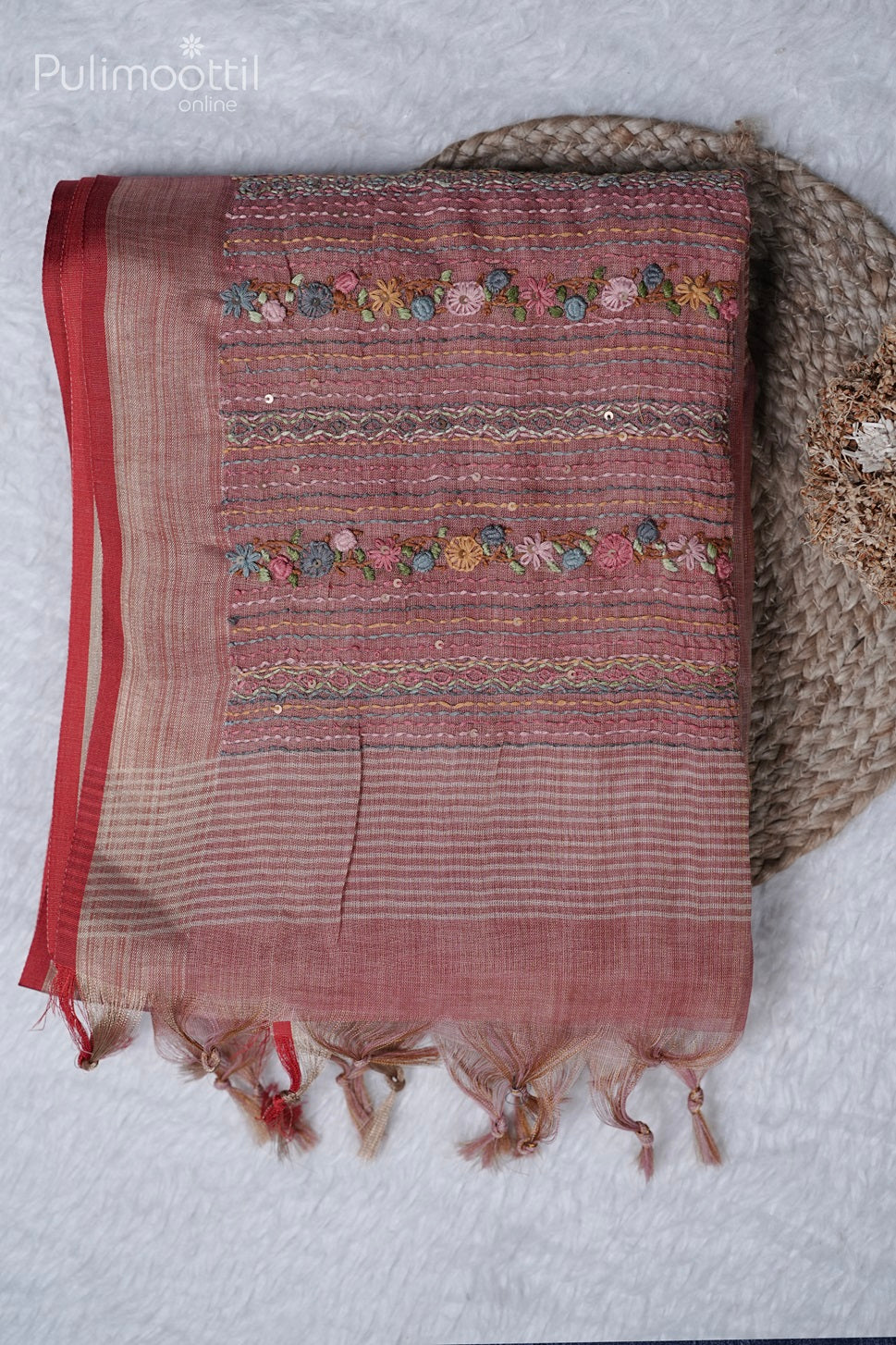 Double Shaded Linen Hand Embroidery Saree