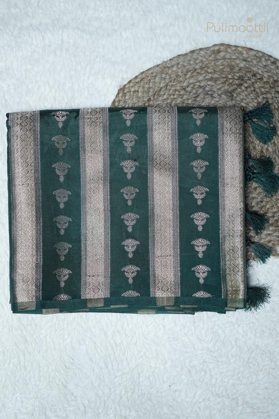 Dark Teal Green Colour Chiniya Silk Saree.