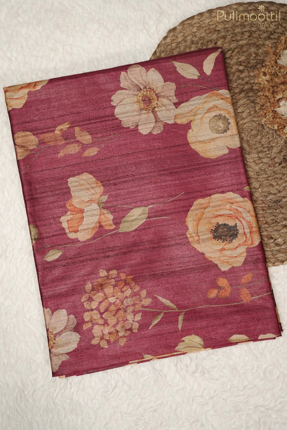 Maroon Colour Printed Tussar Silk Saree.