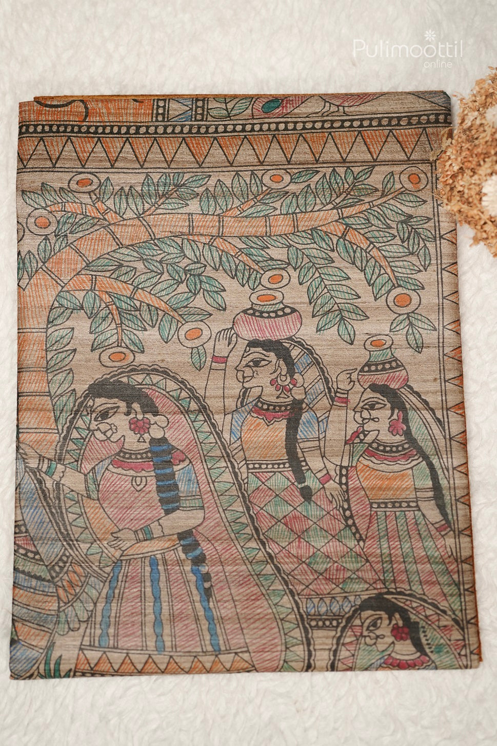 Dark Yellow Colour Madhubani Printed Jute Silk Saree