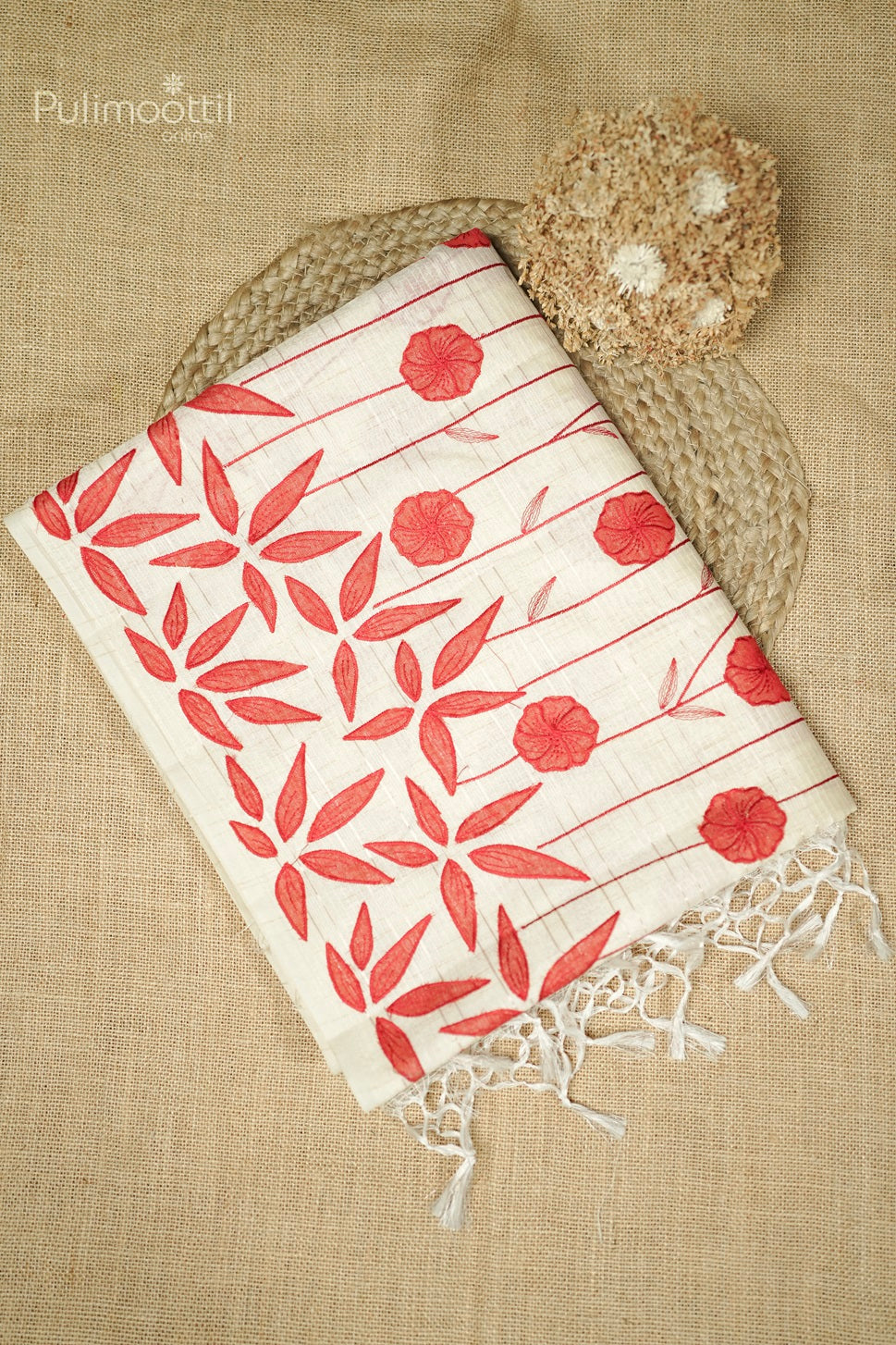 Ivory Colour Semi Chanderi Appliqué Work Fancy Saree.