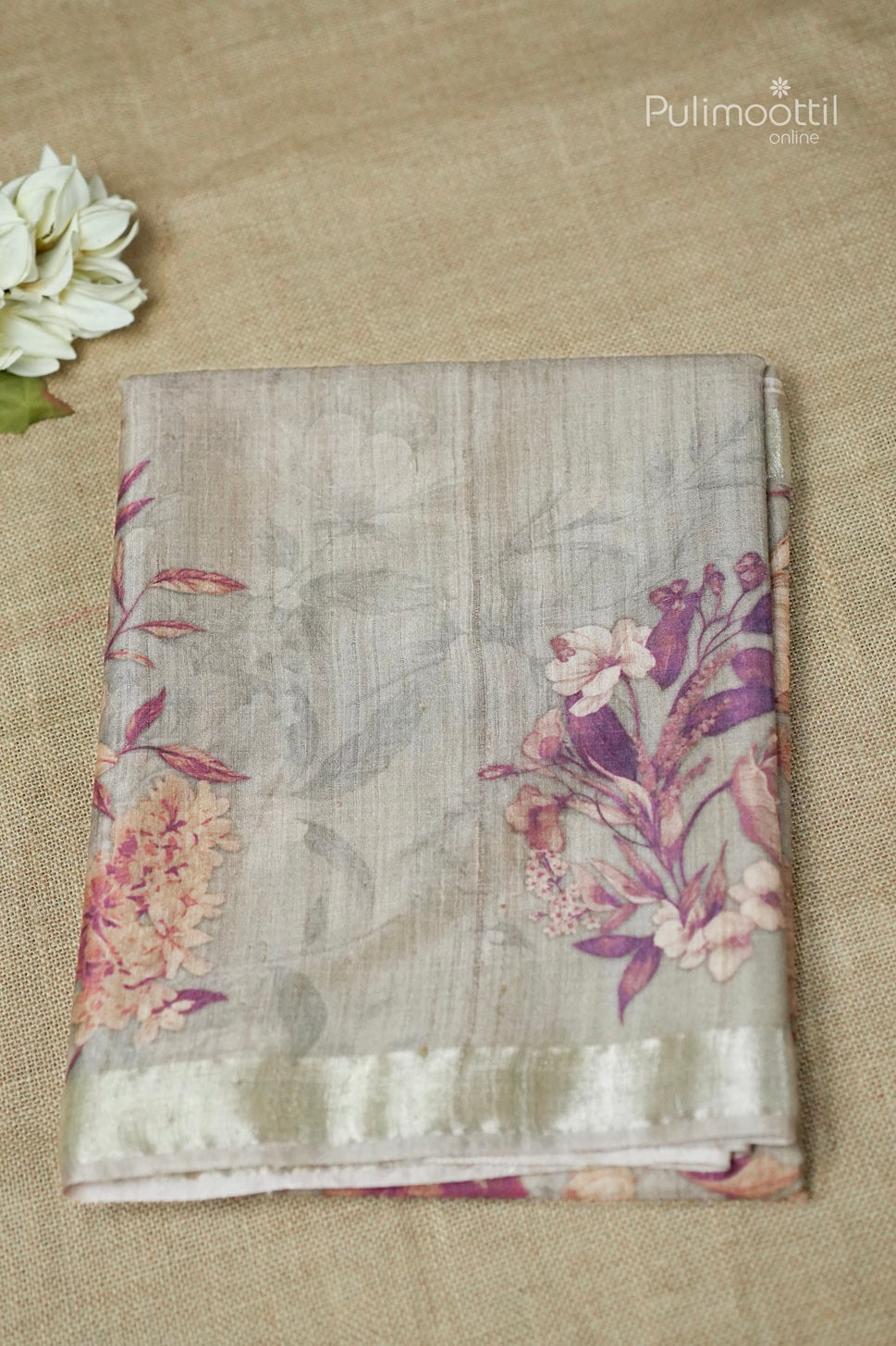 Chikku color printed jute silk saree