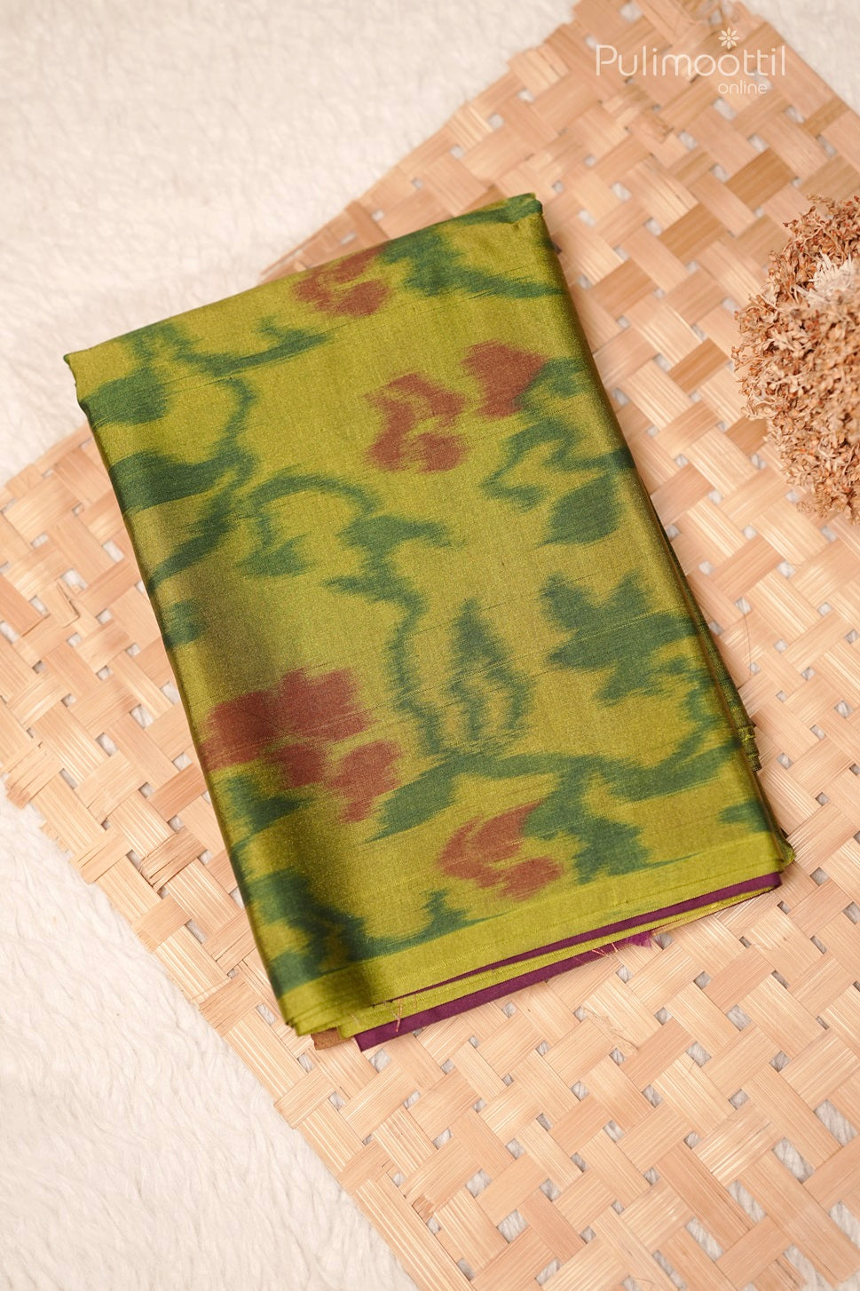 "Folded Venom Green Ekath Print Saree with Floral Design and Maroon Border"
