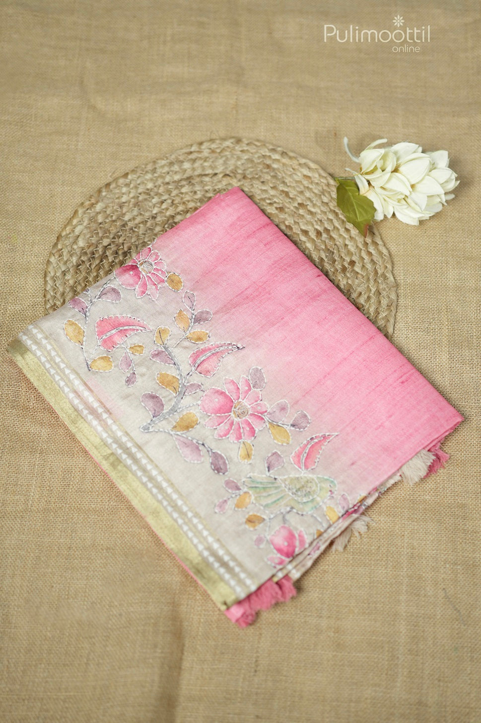 Camellia rose-colored semi Tussar silk saree