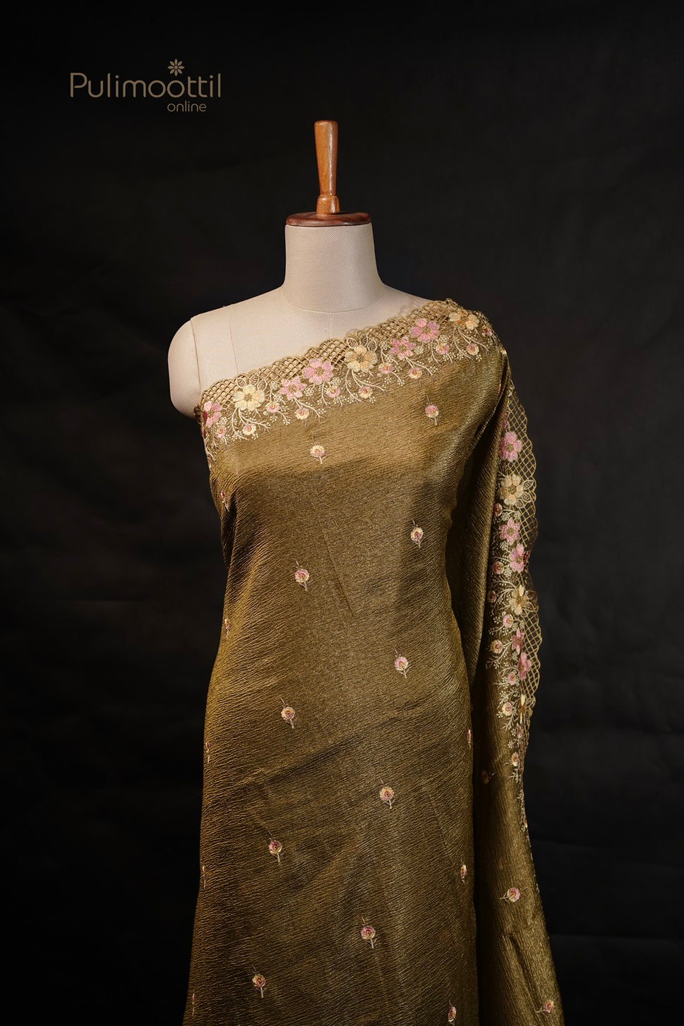 Olive Green Colour shimmer Crushed Organza Fancy Saree