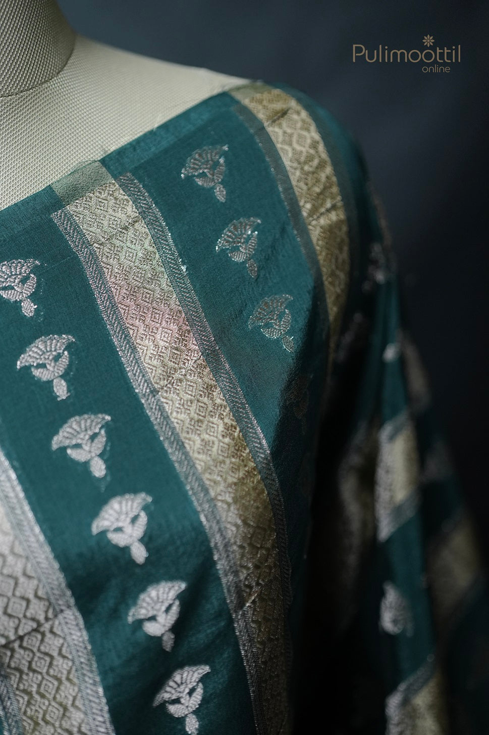 Dark Teal Green Colour Chiniya Silk Saree.