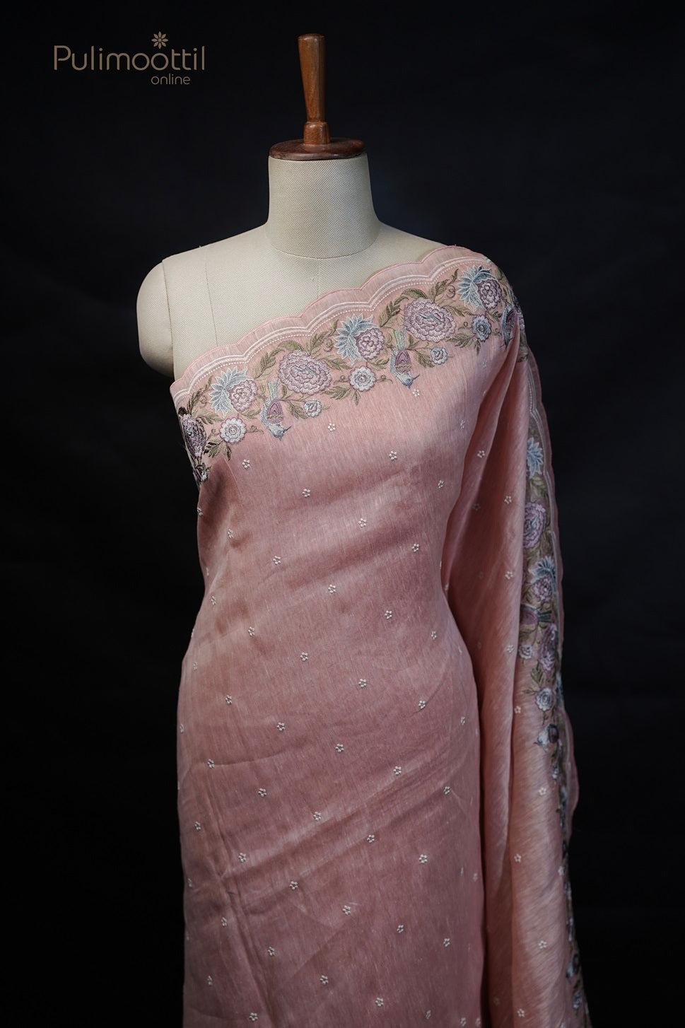 Pastel peach Embroidery Linen Saree