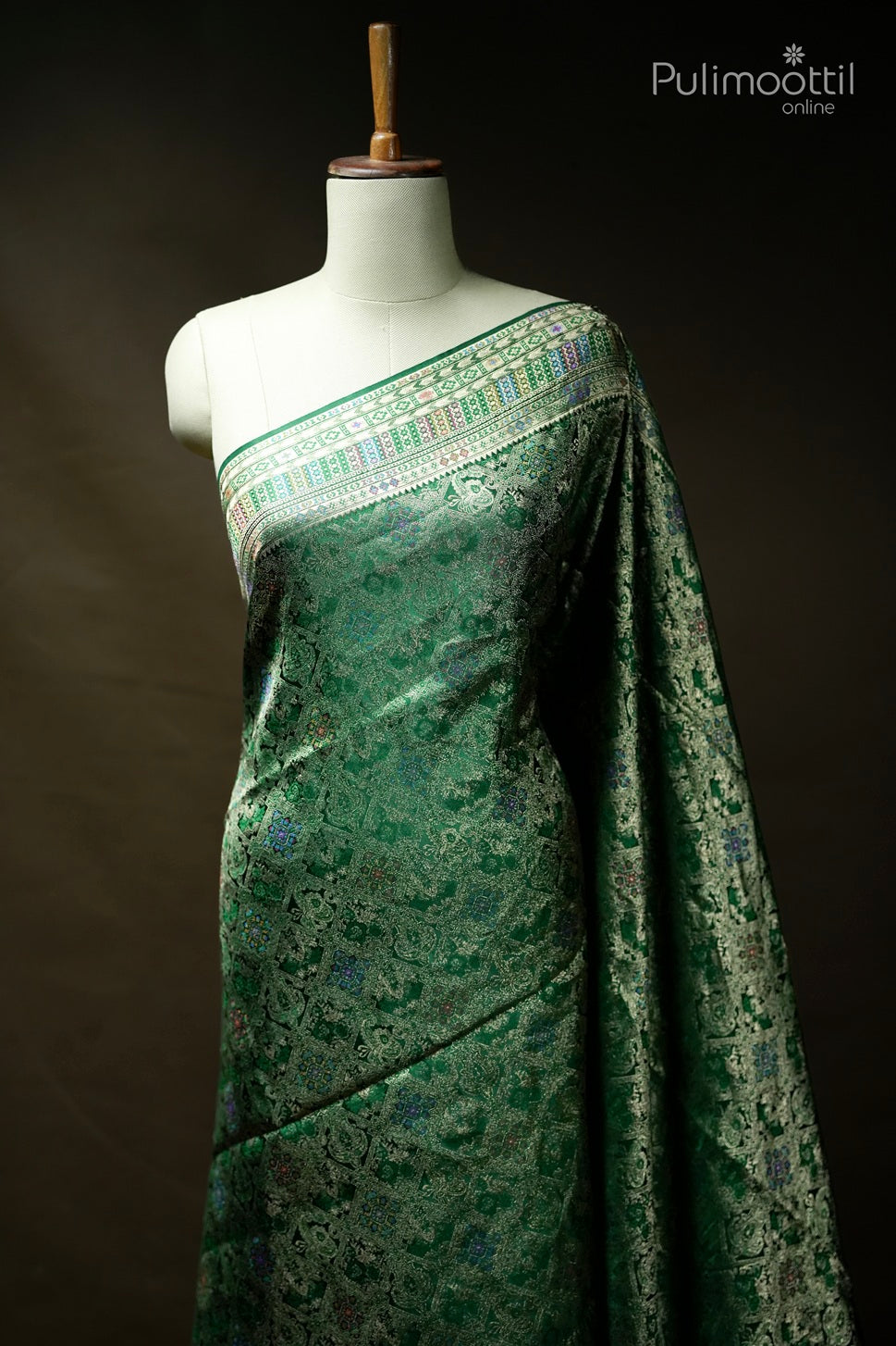 Bottle green color Banarasi saree