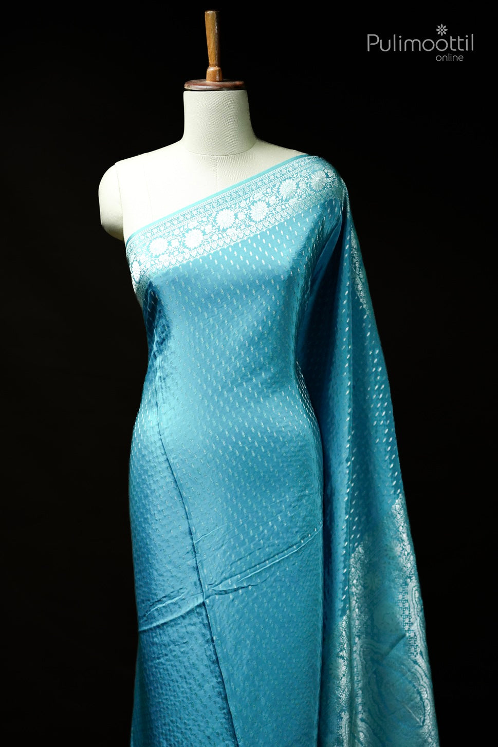 Bright sky blue color Banarasi saree