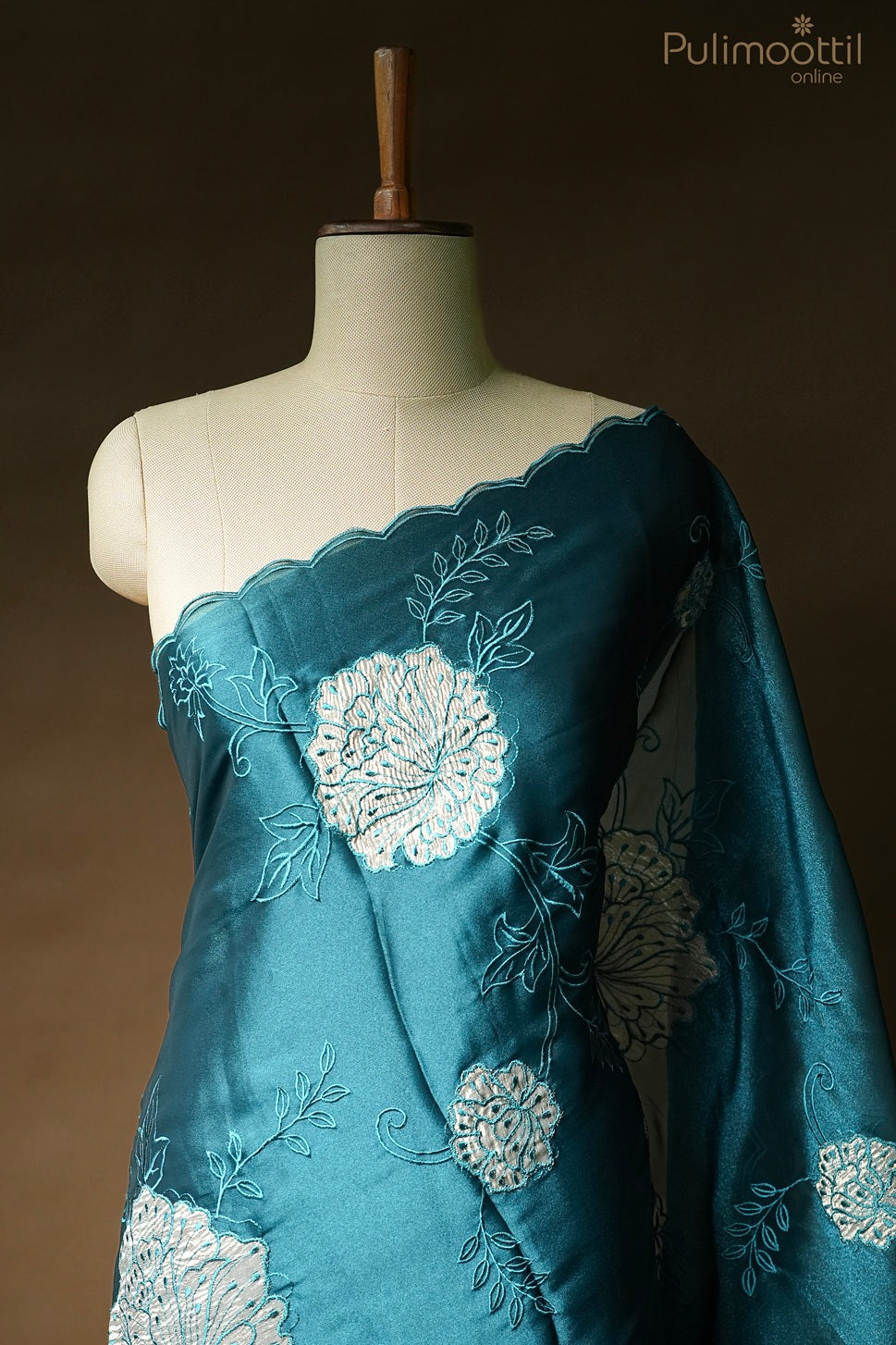 Peacock blue color applique work fancy saree