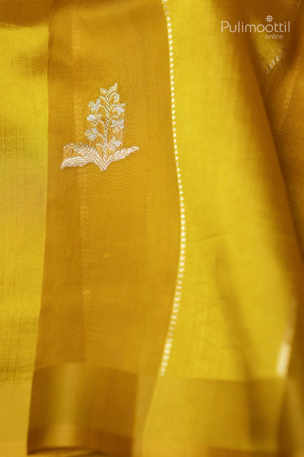 Mustard yellow color mango silk and organza mixed saree