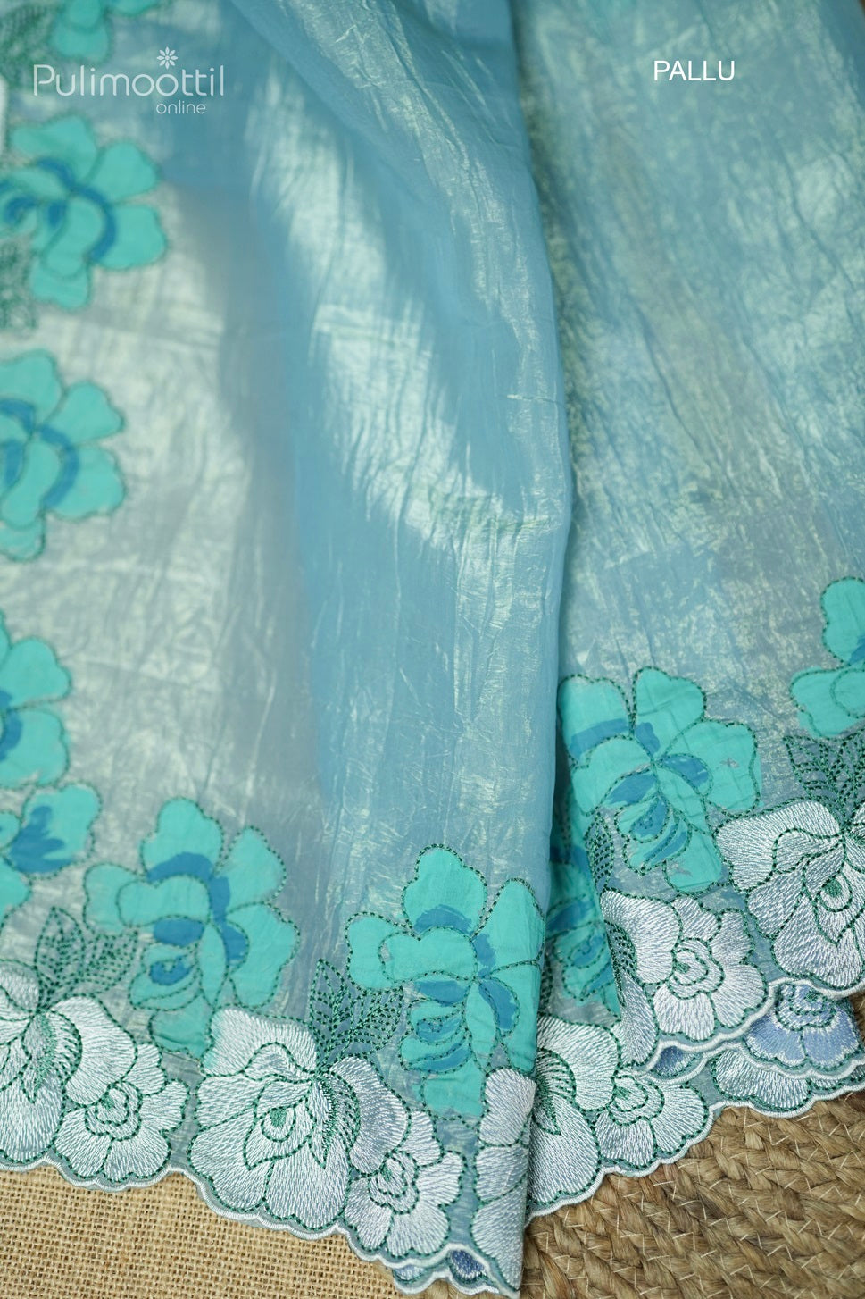 Powder Blue Colour Crushed Organza Fancy Saree