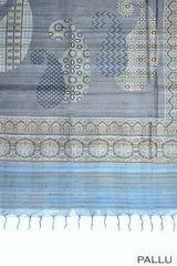 Ash blue & beige color jute silk saree.