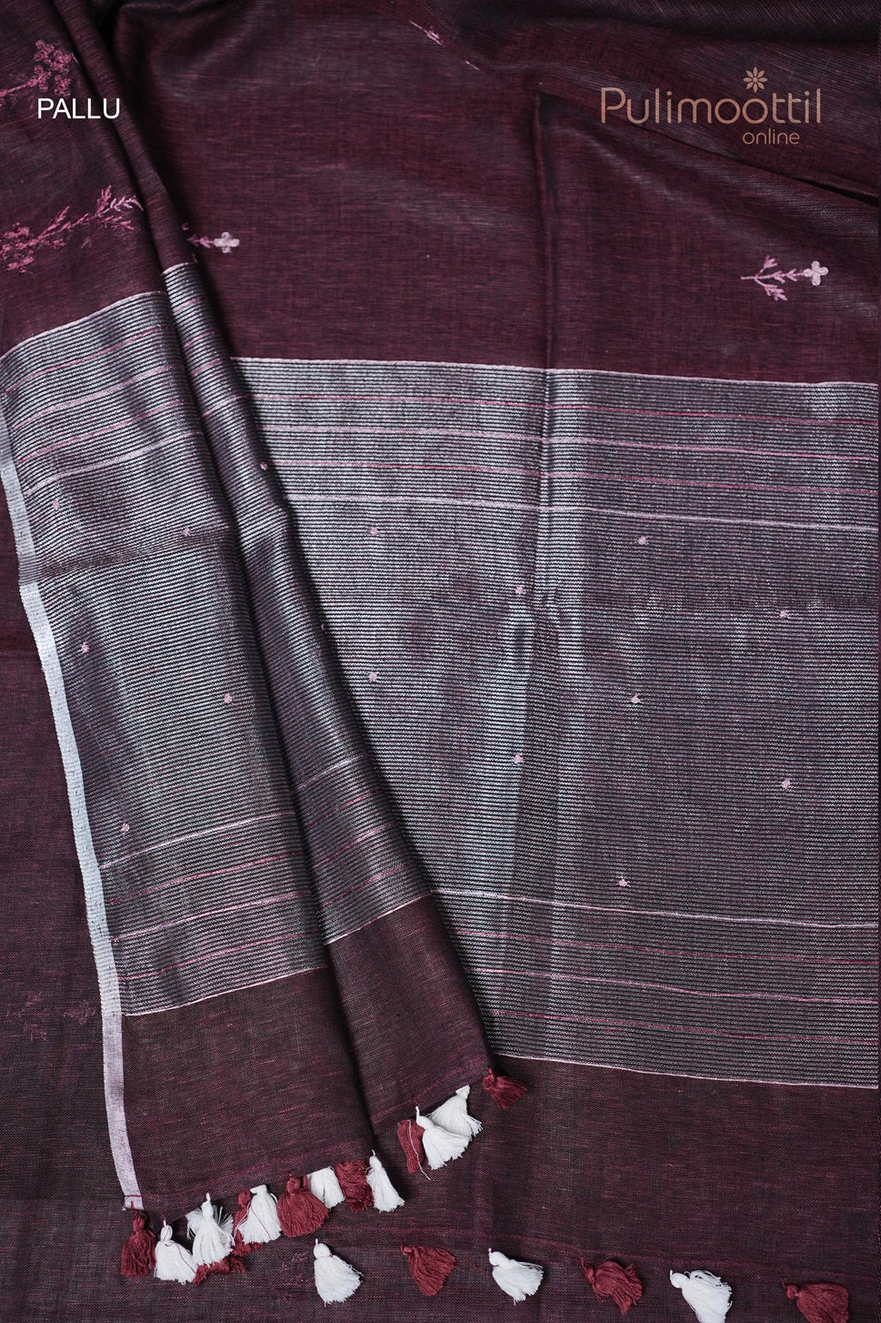 Dark Maroon Colour Linen Embroidery Saree