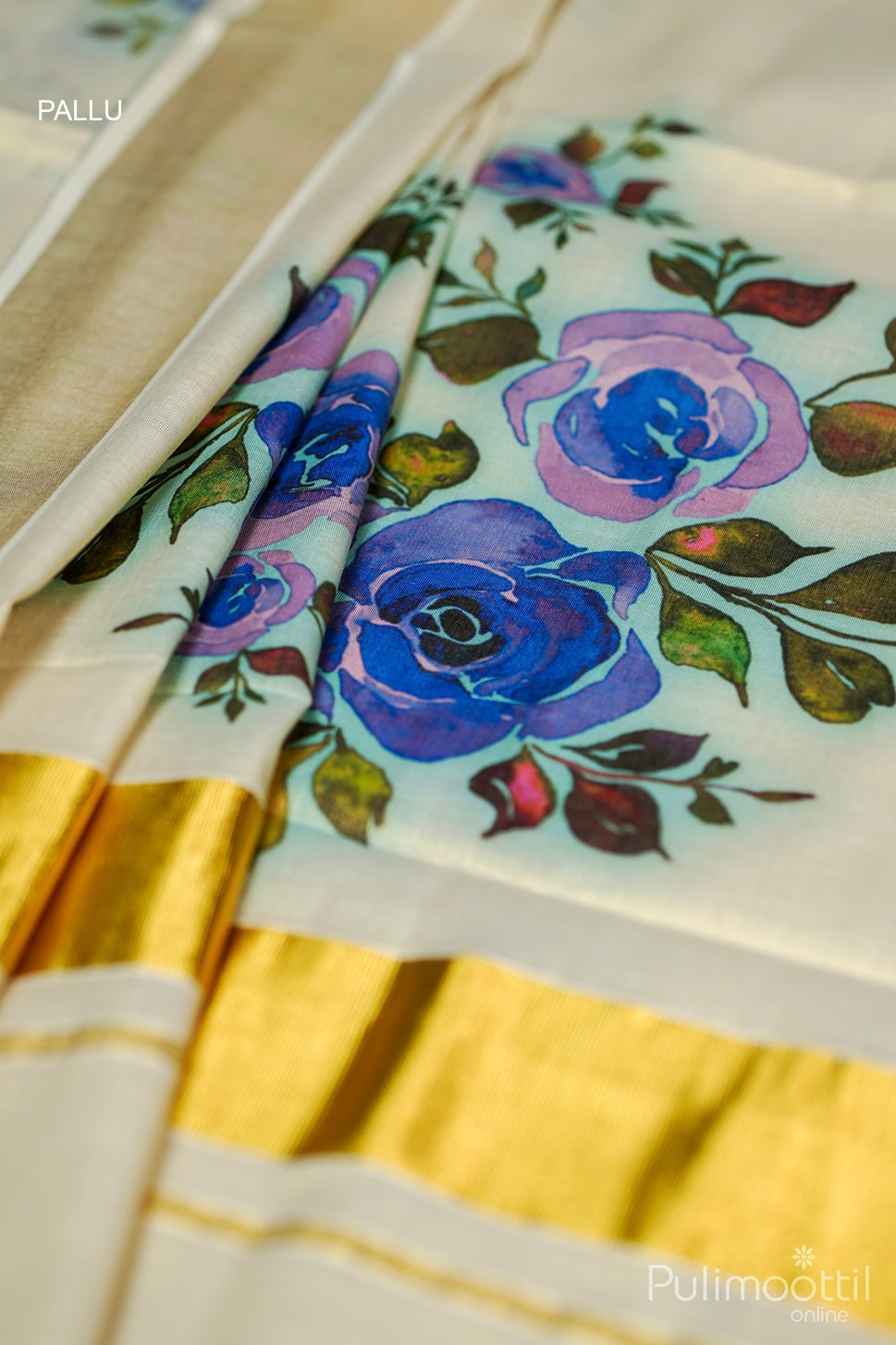 Kerala Golden Tissue Rose Print Set Saree