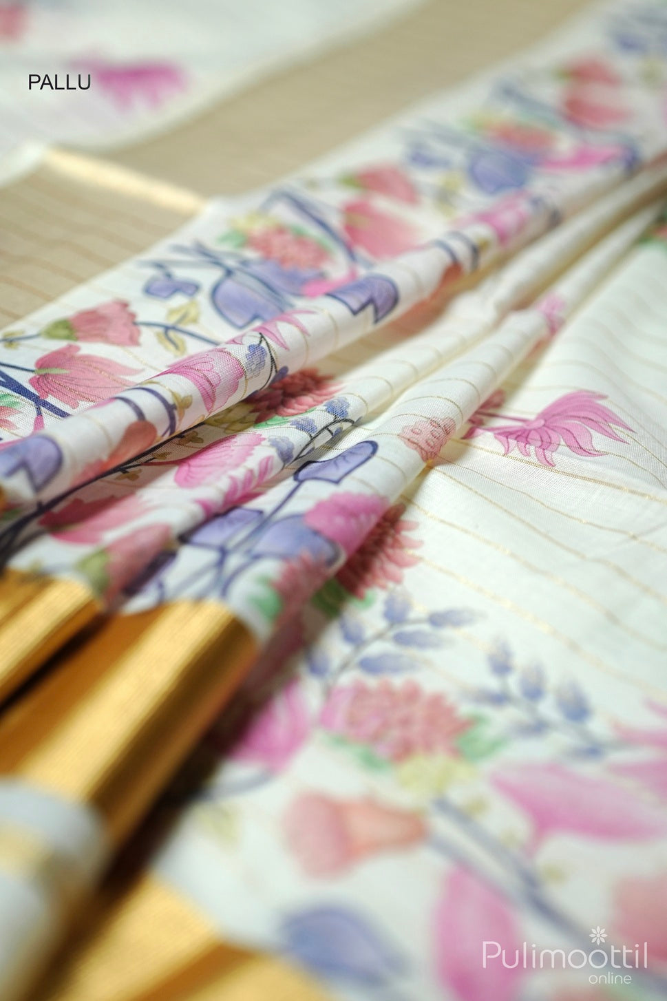 Cream Colour Floral Print Kerala Set Saree.