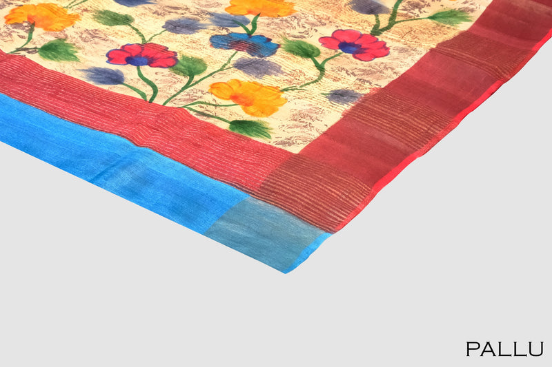 Cream and blue color Tusser silk saree .