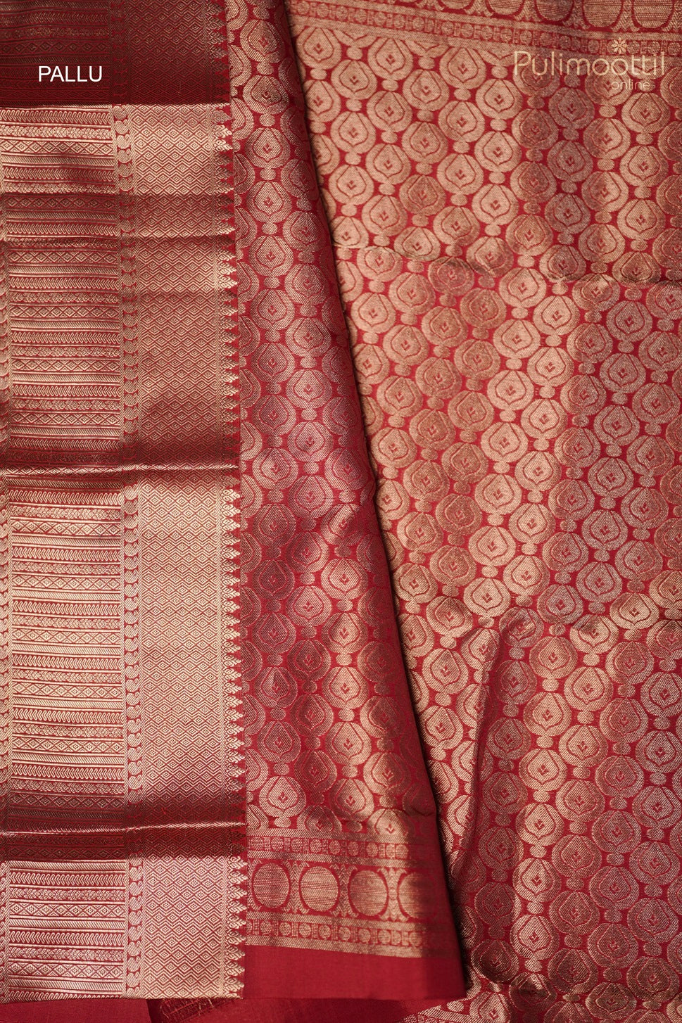 Close-up of the designer pallu of the chilli red Kanchipuram saree with rich golden patterns.