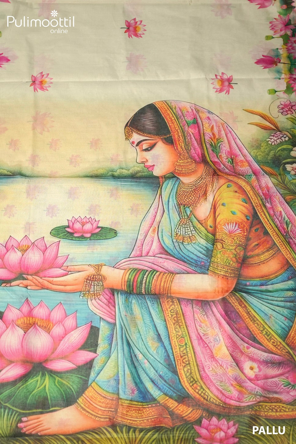 Kerala Traditional Cotton Lotus Print Set Saree.