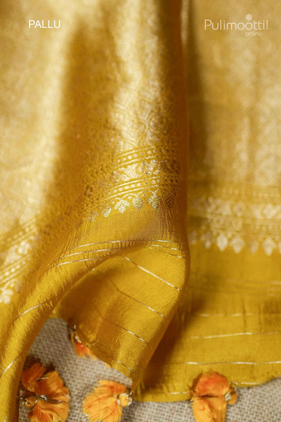 Mustard yellow color mango silk and organza mixed saree