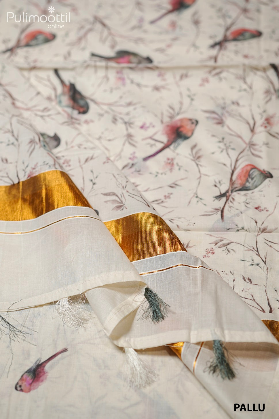 Cream Colour Kerala Birds Print Set&nbsp; Saree.