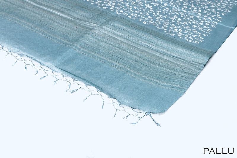 Teal blue color Tusser silk saree.