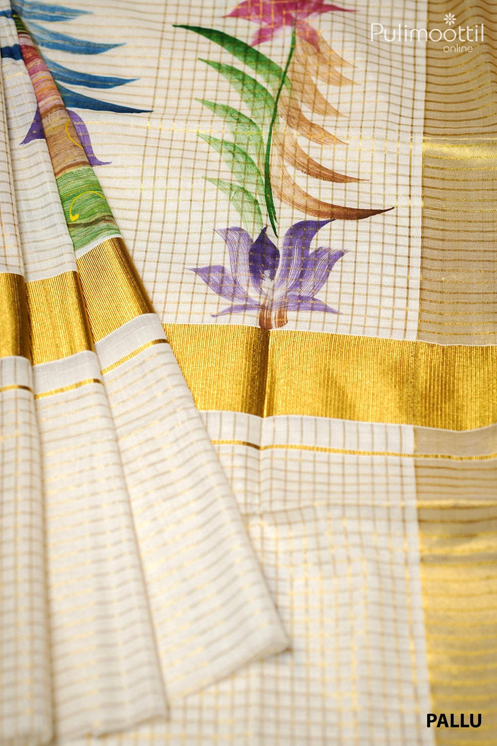 Cream Colour Kerala Cotton Free Hand Painting Saree.