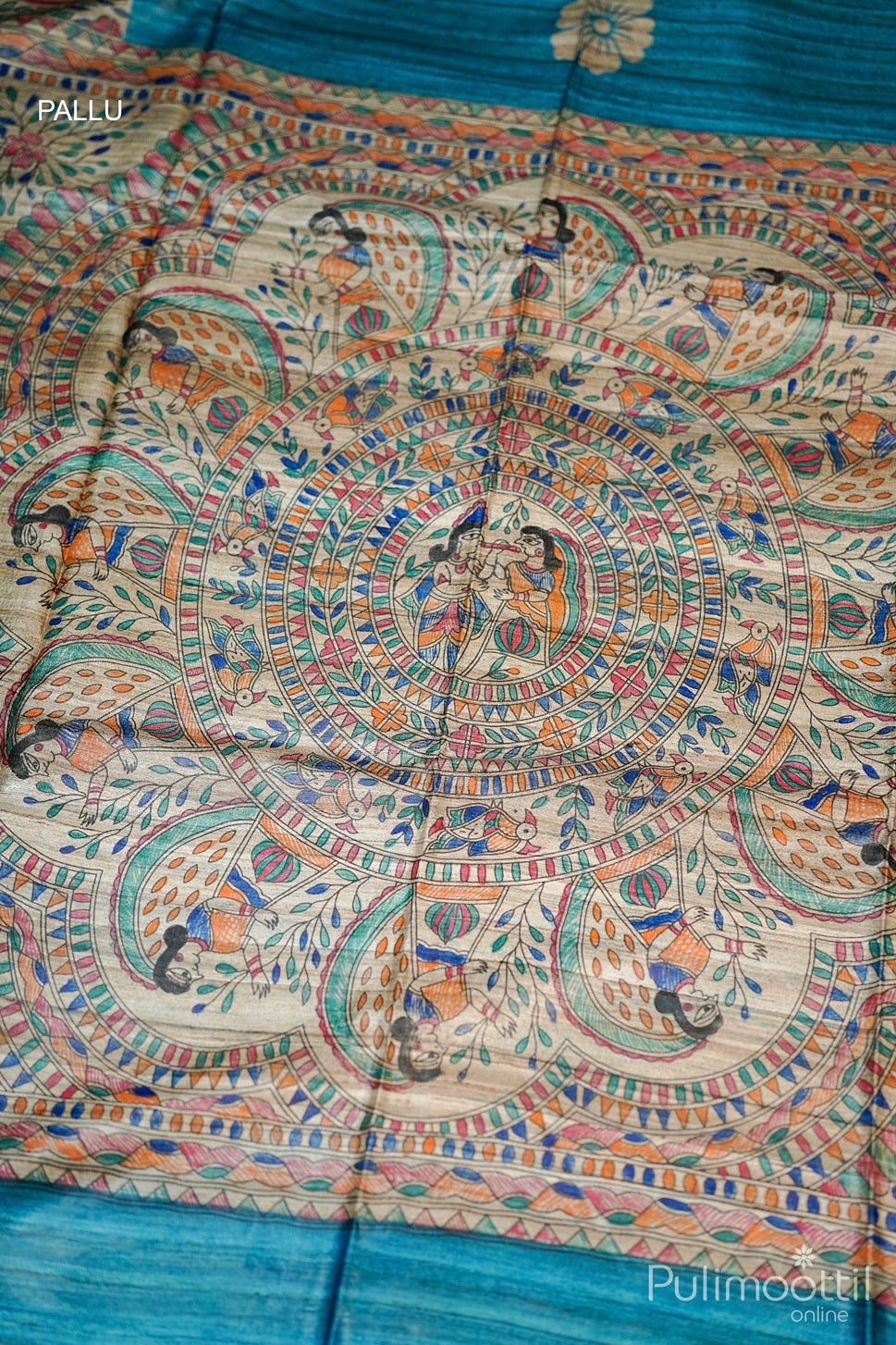 Dark Sky Blue Colour Madhubani Printed Saree.
