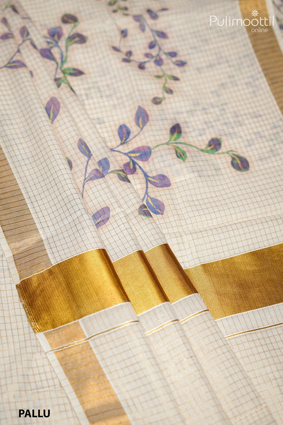 Cream Colour Kerala Cotton Golden Check Set Saree.