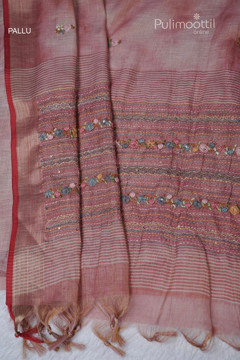 Double Shaded Linen Hand Embroidery Saree