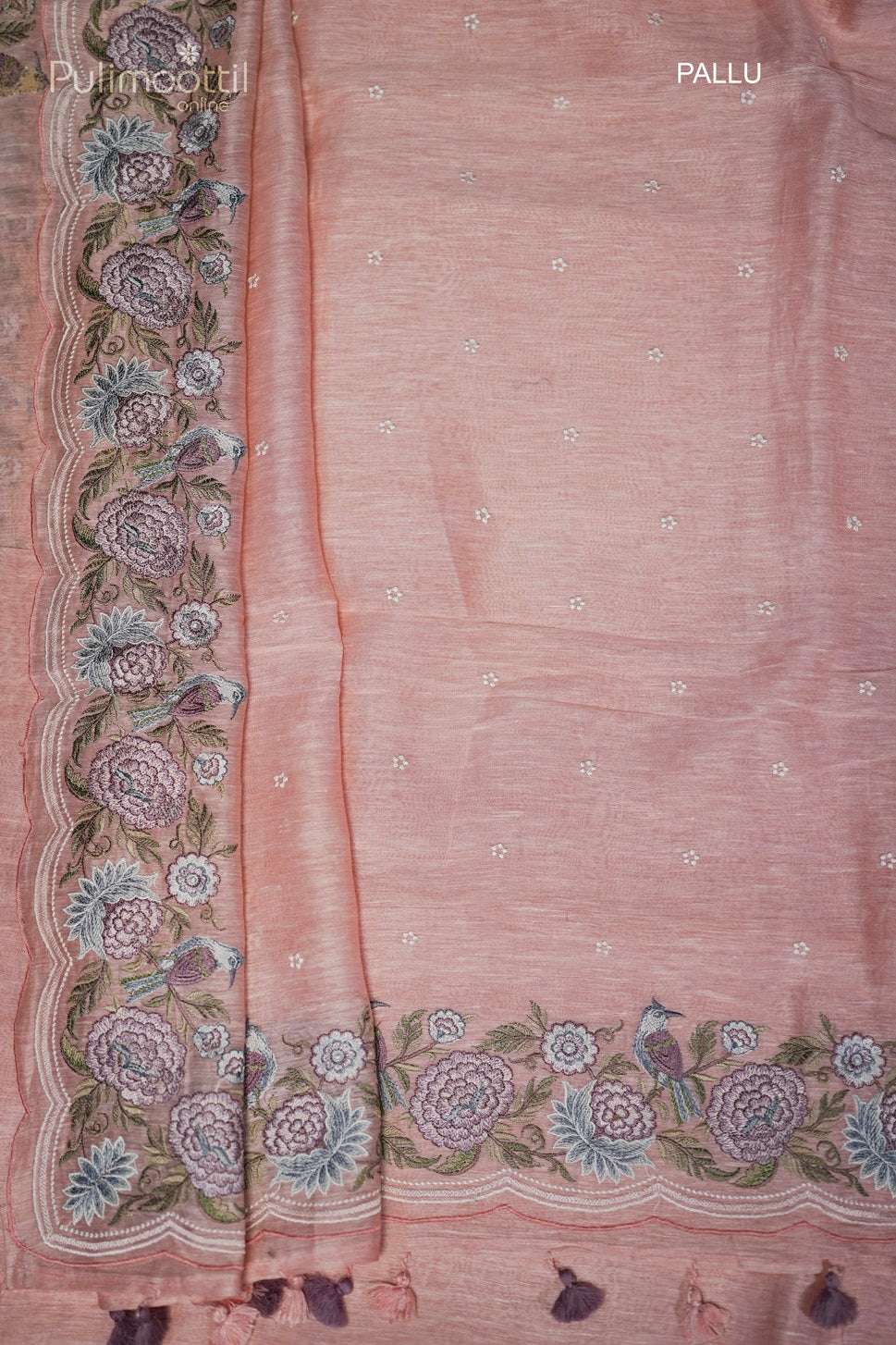 Pastel peach Embroidery Linen Saree