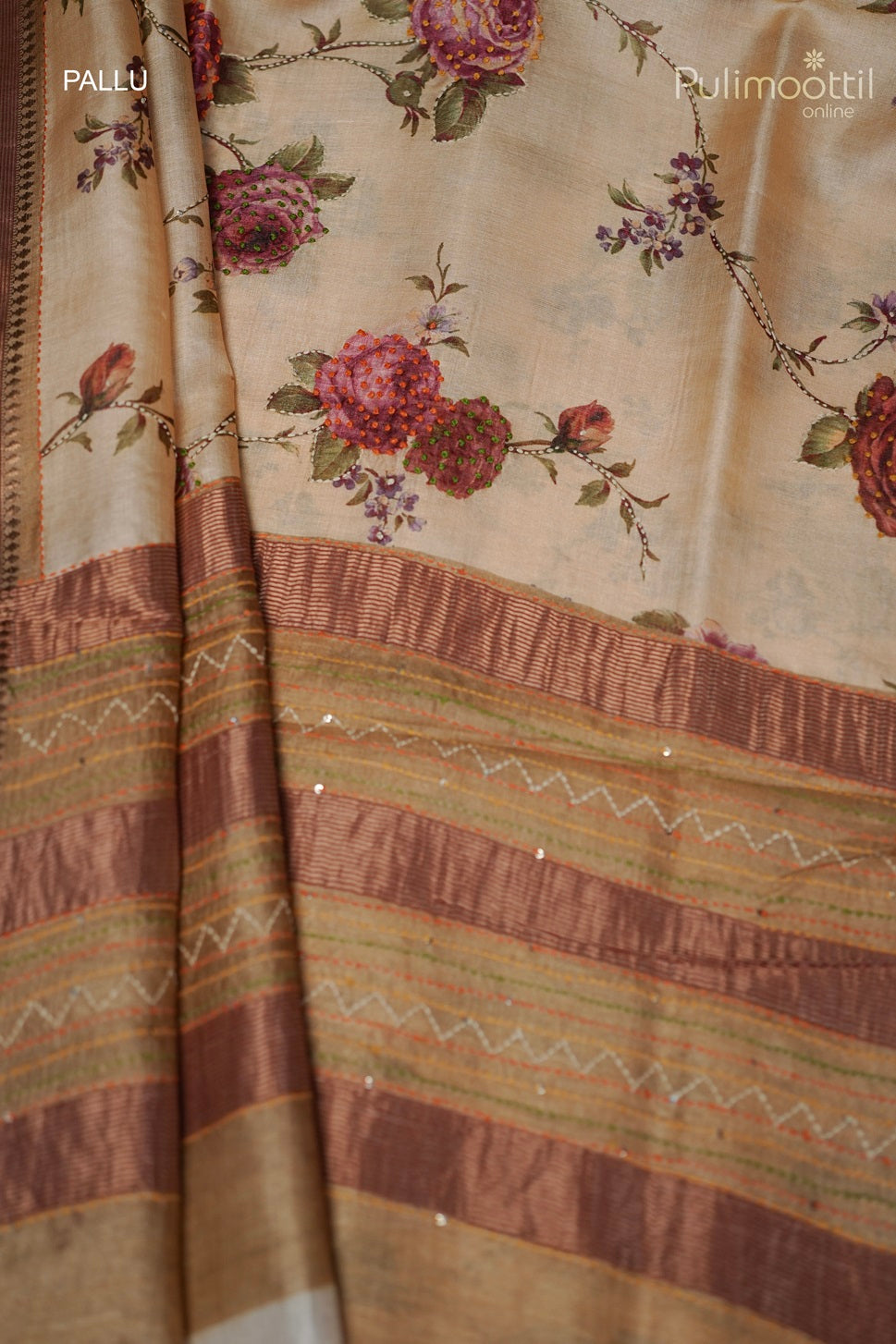 Golden Yellow Colour Printed Hand Work Tussar Silk Saree