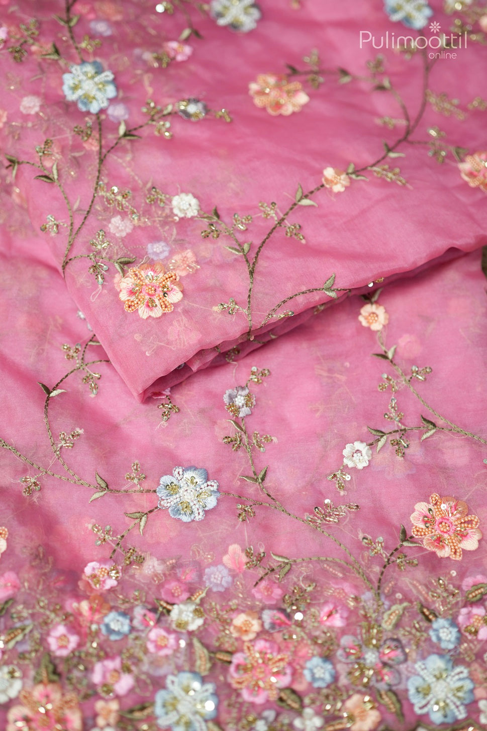 Olive pink-colored organza fancy saree