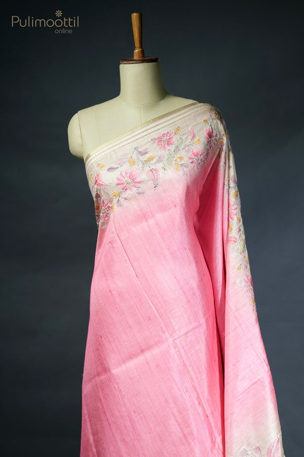 Camellia rose-colored semi Tussar silk saree