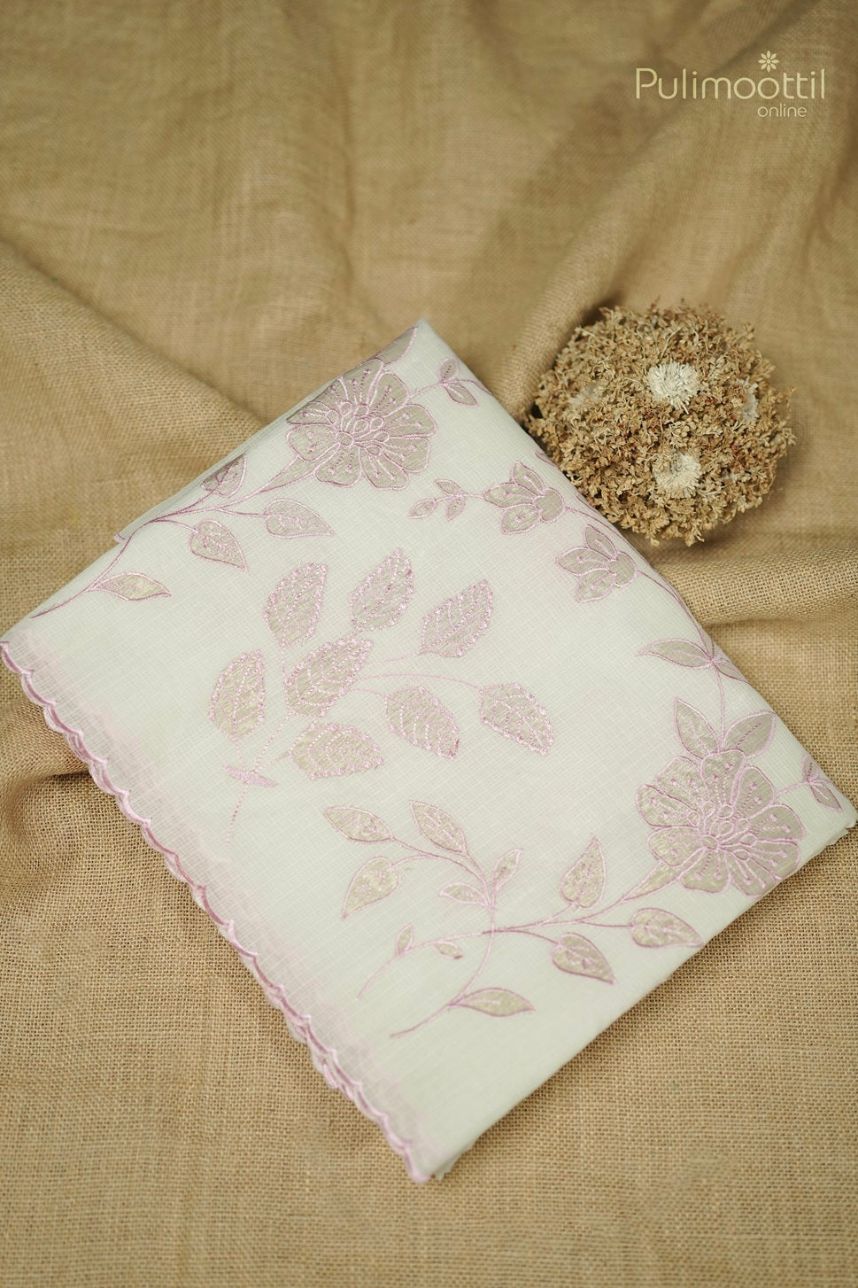 Cream Colour Floral Appliqué Work Net Cotta Fancy Saree