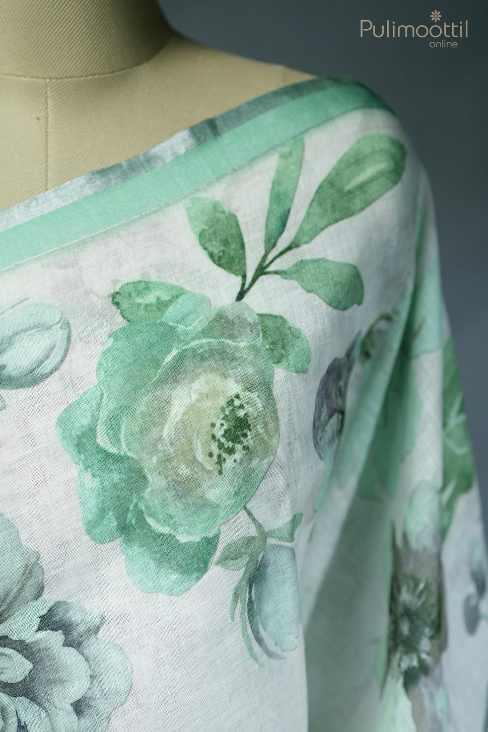 Off-white colored printed linen saree