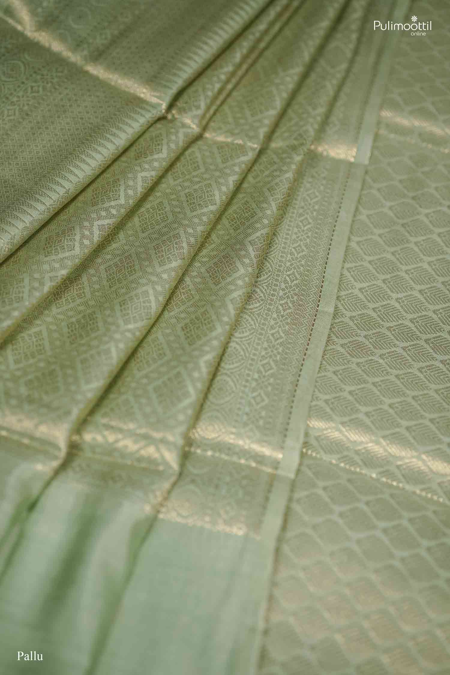 Close-up of the saree's Pallu, showing the intricate, dense geometric and diamond motifs woven in antique gold zari