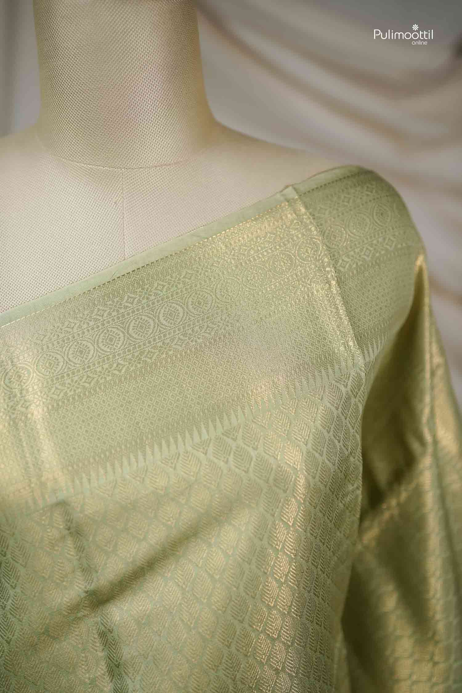 Close-up detail of the saree draped on a mannequin shoulder, highlighting the rich woven texture and gold zari buttas on the body.