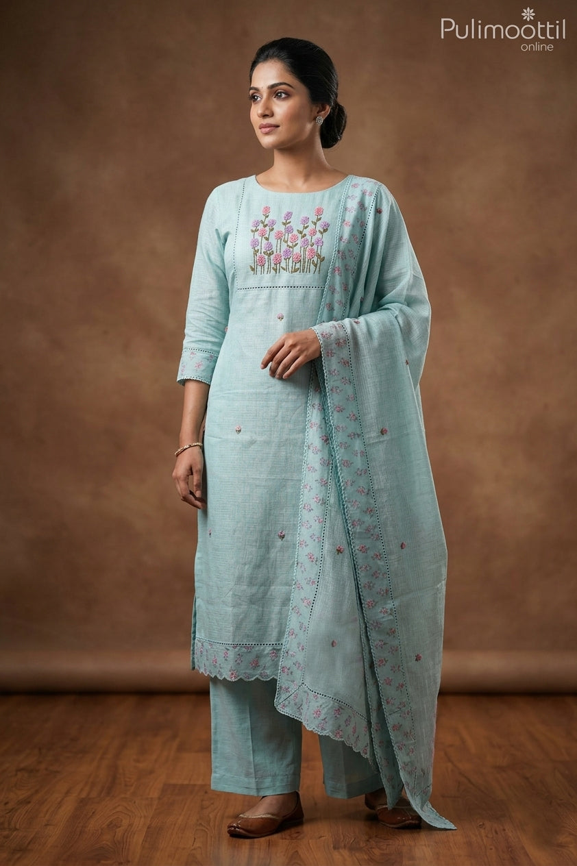 Ice Blue Net Kota Unstitched Salwar Set