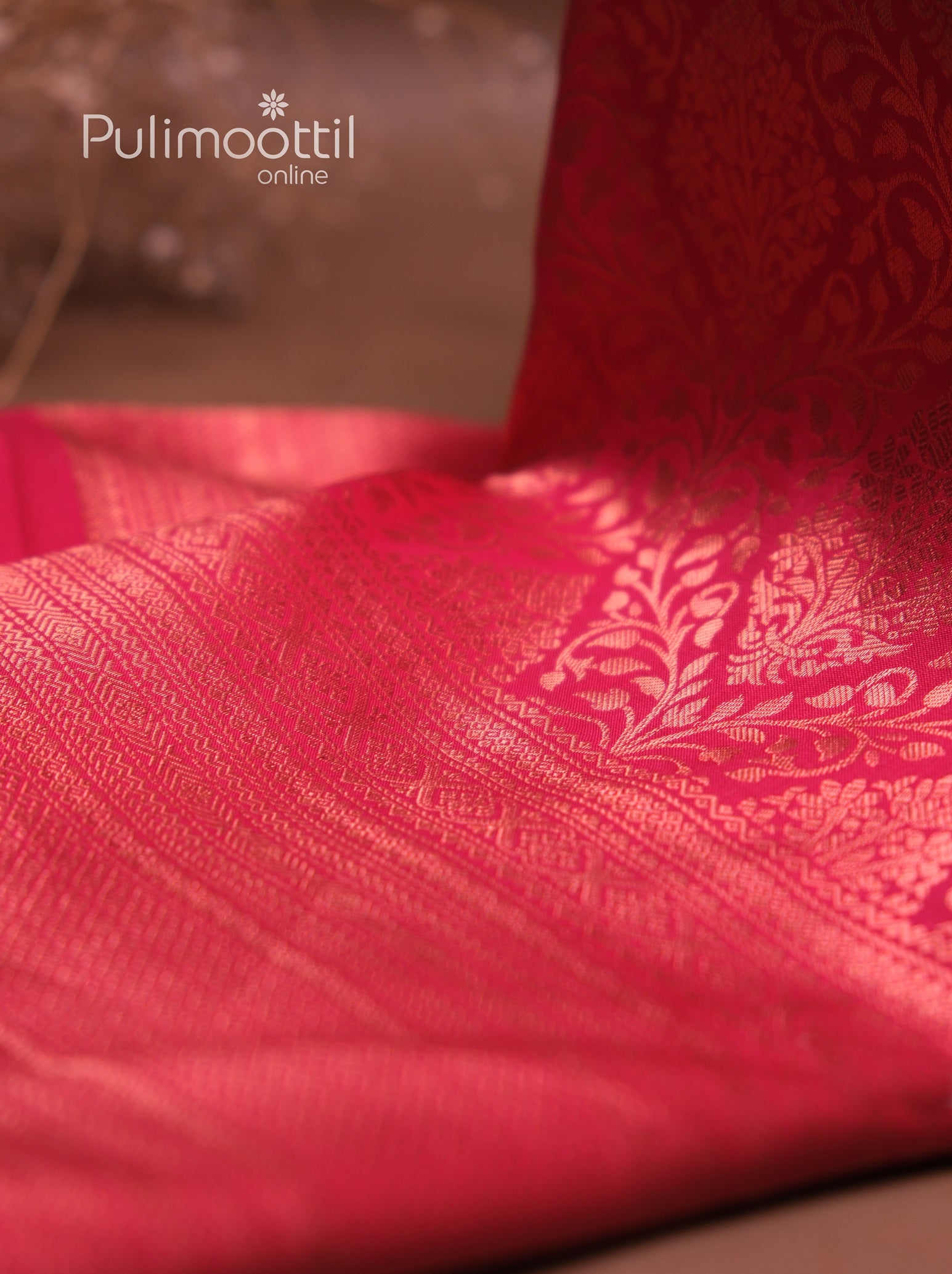Close-up of red silk saree with ornate golden zari embroidery and border work