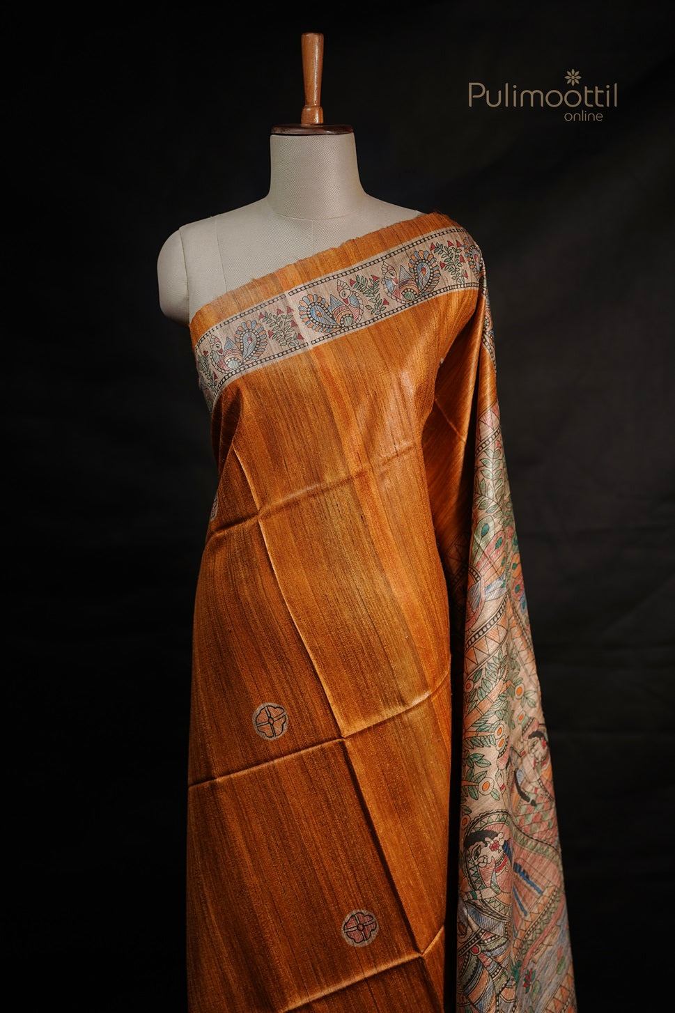 Dark Yellow Colour Madhubani Printed Jute Silk Saree