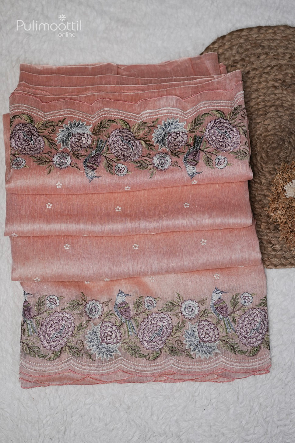 Pastel peach Embroidery Linen Saree