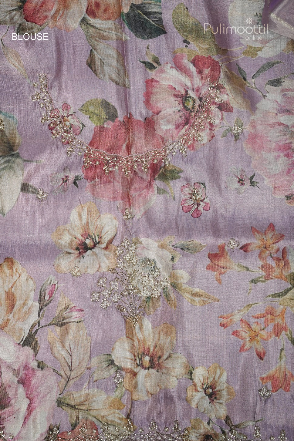 Floral printed blouse fabric for lavender organza saree with sequin embellishments